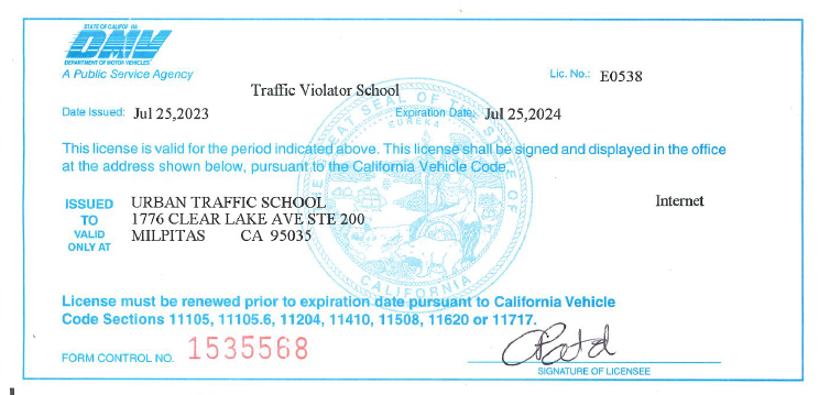 Urban Traffic School DMV License E0538